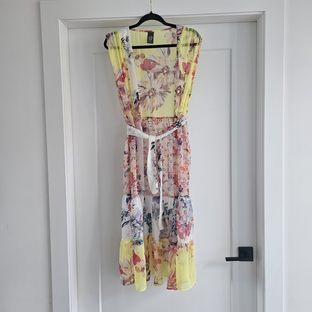Vince Camuto Sheer Floral Midi Dress w/ Belt - Yellow Pink Watercolor - Coverup